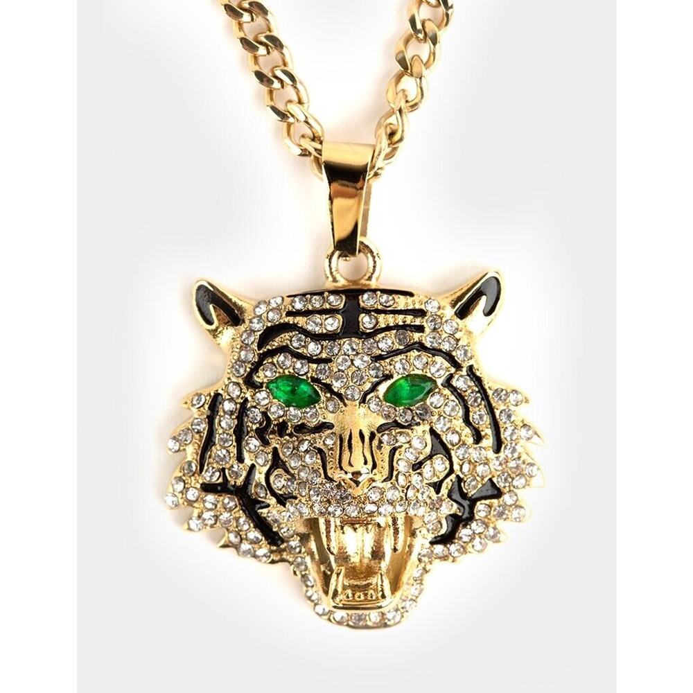 NIB Ed Hardy Tiger Head Crystal Pave Gold Tone Necklace Chain Pendant
